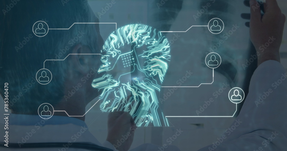 Poster image of network of connections with computer circuit board over diverse doctors