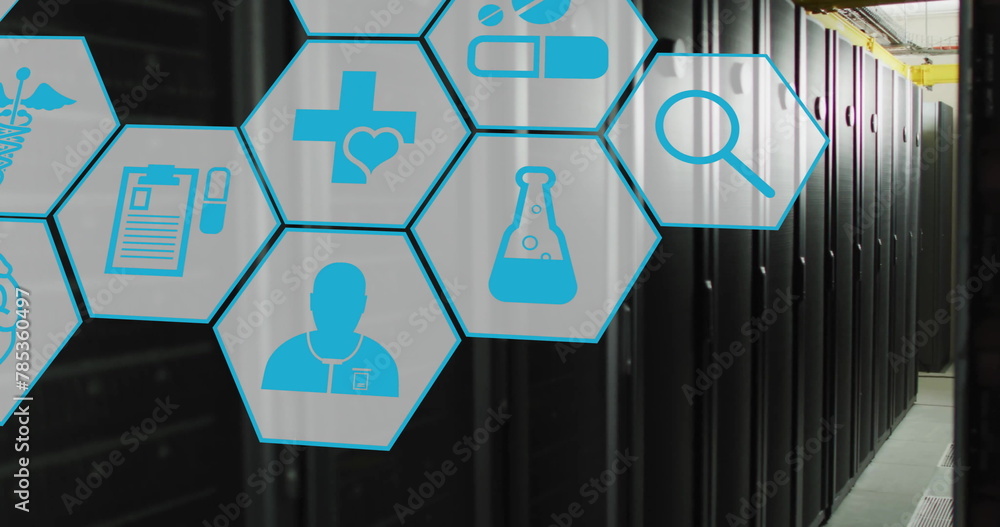 Poster image of network of medical icons and data processing over computer servers