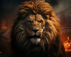 Fototapeta premium Portrait of a lion in the fire. The concept of wild animals.