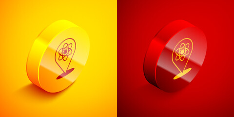 Isometric Atom icon isolated on orange and red background. Symbol of science, education, nuclear physics, scientific research. Circle button. Vector
