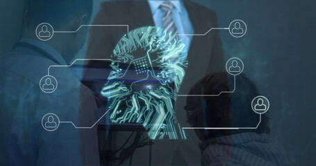Image of caucasian businessman and head with computer circuit board over diverse doctors