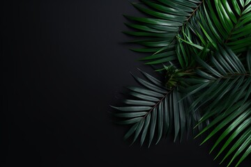 Fototapeta na wymiar Palm leaf on a black background with copy space for text or design. A flat lay, top view. A summer vacation concept