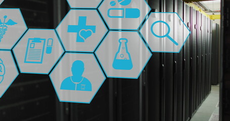 Image of network of medical icons and data processing over computer servers
