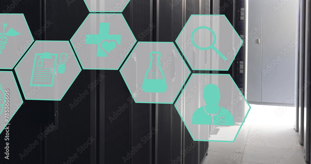 Poster image of network of medical icons and data processing over computer servers