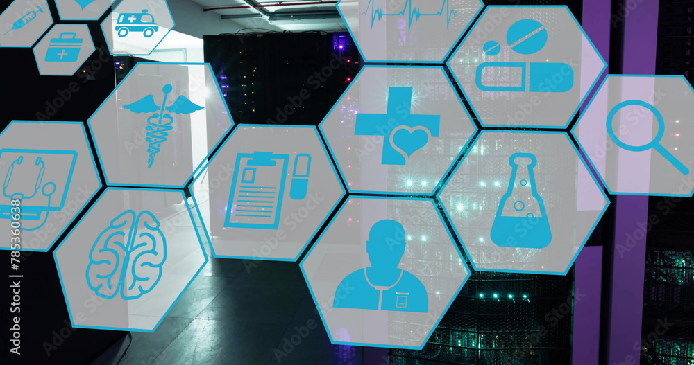 Poster image of network of medical icons and data processing over computer servers