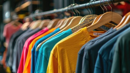 Obraz premium Colorful t-shirts on wooden hangers closeup - A selection of vibrant t-shirts displayed on wooden hangers showcasing variety and fashion retail options
