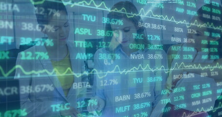 Image of stock market over diverse business people