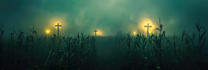 Twilight scene with crosses and eerie fog - A serene twilight scene featuring crosses in a field, enveloped in an ethereal fog, instilling a sense of calm and spirituality - obrazy, fototapety, plakaty