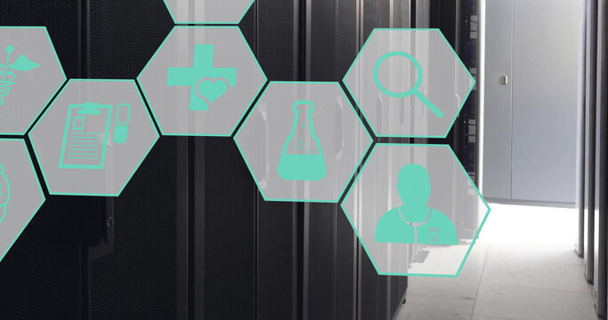 Image of network of medical icons and data processing over computer servers