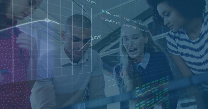 Image of financial data processing and stock market over diverse business people