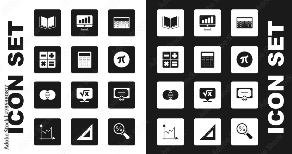 Poster set calculator, open book, pi symbol, computer monitor with graph chart, certificate template and ma