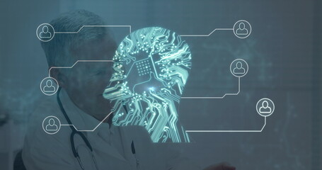 Image of computer circuit board head and connections over caucasian male doctor