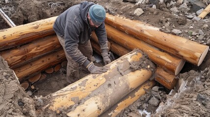 Construction worker repairing log cabin - A skilled worker carefully restores logs in a rustic cabin, showcasing craftsmanship and manual labor in a rugged environment