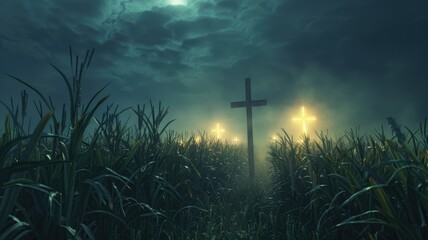 Naklejka premium Mysterious cross in a foggy field at night - A solitary cross stands amidst a field, shrouded in fog under a moonlit sky, evoking a sense of mystery and solitude