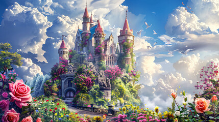 Fantasy garden castle with many flowers roses and clou - obrazy, fototapety, plakaty