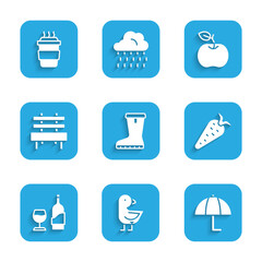 Set Waterproof rubber boot, Little chick, Umbrella, Carrot, Wine bottle with glass, Bench, Apple and Coffee cup to go icon. Vector
