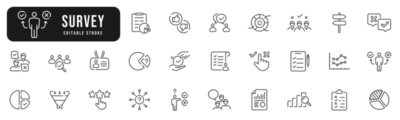 Set of survey related line icons. Feedback, opinion, vote, report, checklist etc. Editable stroke
