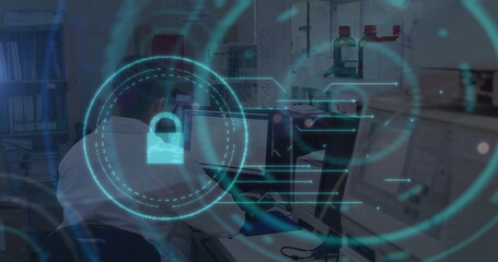 Image of online security padlock and scope over caucasian male doctors