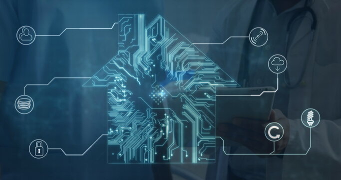 Image of computer circuit board home and connections over caucasian male doctor - Powered by Adobe