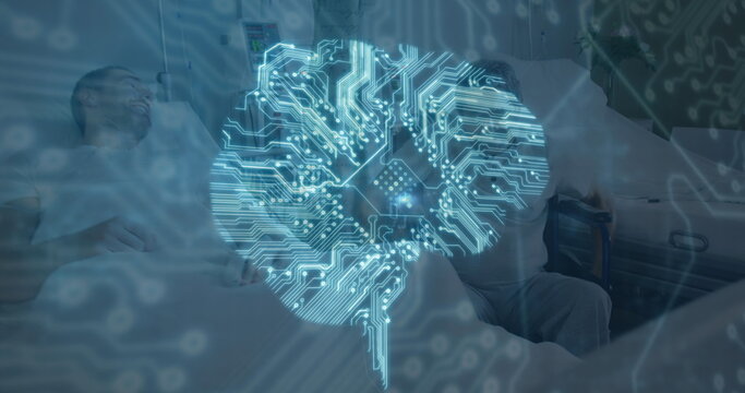 Image of computer circuit board brain and connections over caucasian male patients
