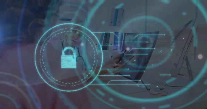 Image of online security padlock and scope over caucasian female doctor - Powered by Adobe