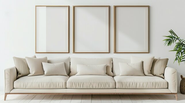 Frame Mockup Wall. Mockup frame in farmhouse living room interior. Interior mockup with rectangular vertical frame hanging on a white textured wall mockup house background.