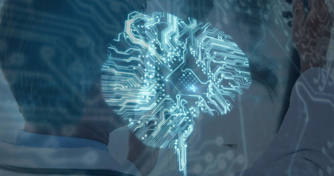 Image of computer circuit board brain and connections over caucasian male doctor - Powered by Adobe