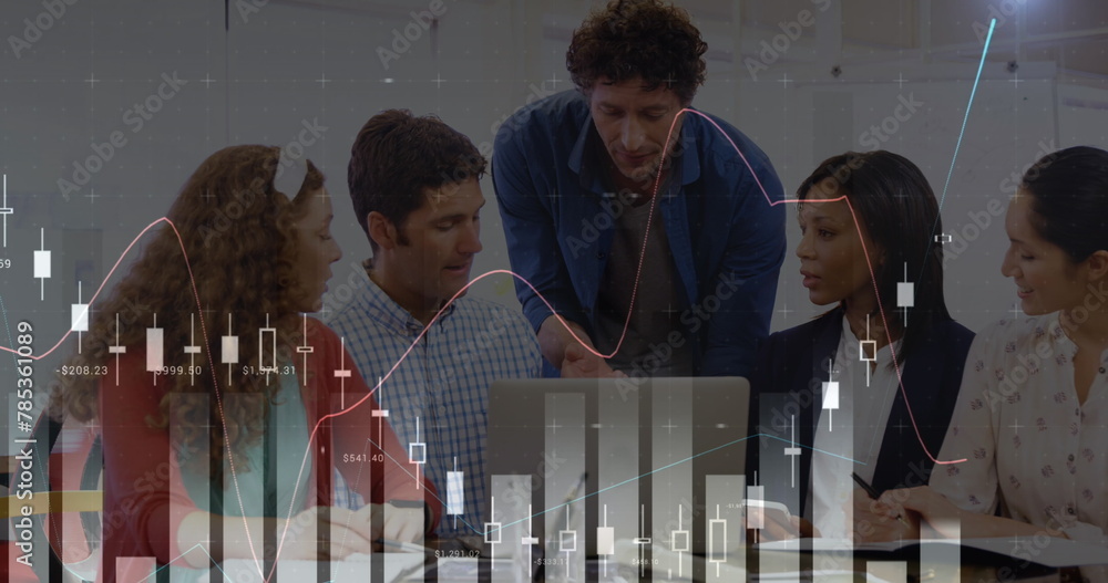 Sticker Image of financial graphs and data over diverse businesspeople talking in office