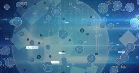 Network of digital icons over globe against blue background