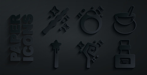 Set Magic staff, Witch cauldron, wand, Bottle with potion, stone ring and icon. Vector