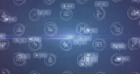 Image of technology icons and social media reactions moving on blue background