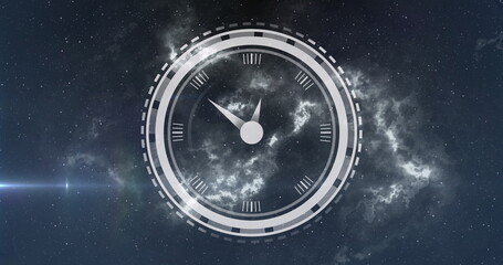 Image of clock moving over stars on black background