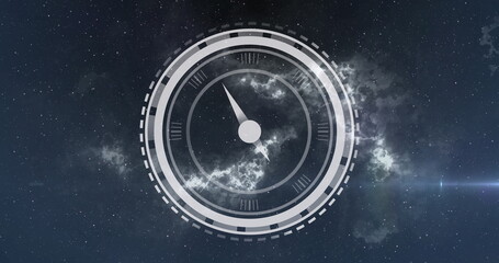 Naklejka premium Image of clock moving over stars on black background