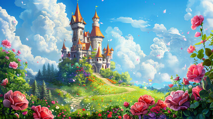 Fantasy garden castle with many flowers roses and clou - obrazy, fototapety, plakaty