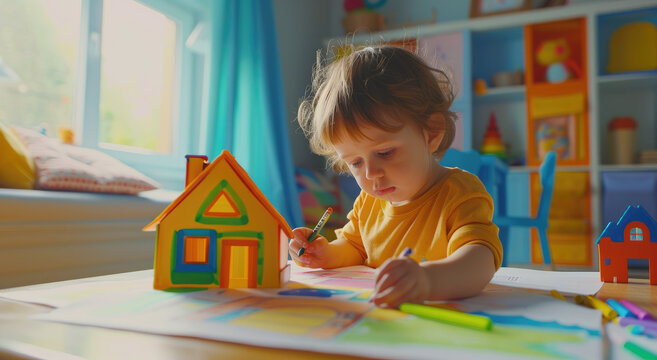 A child is drawing a colorful house on paper with crayons, sitting at a table in the living room.