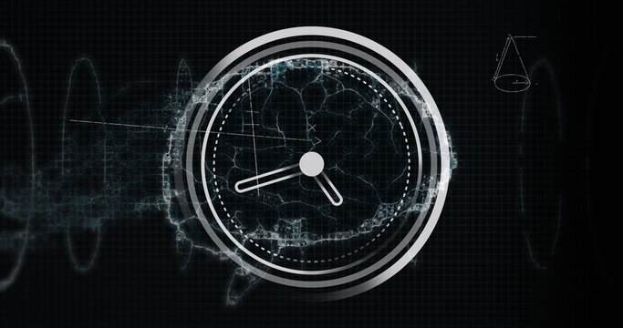 Image of clock moving over waves on black background