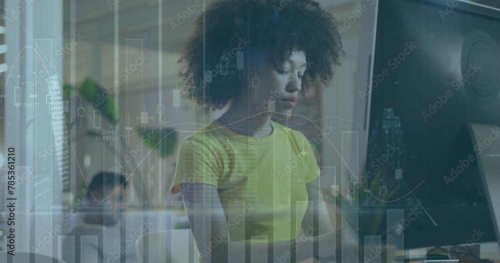 Poster image of data processing over biracial businesswoman using computer