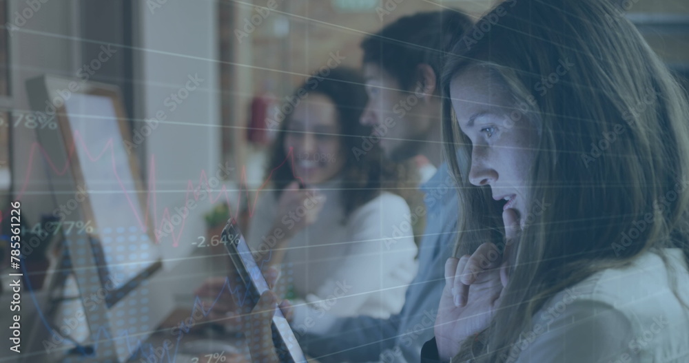 Poster image of data processing over diverse business people using tablet