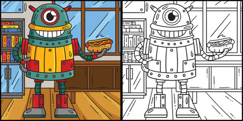 One Eyed Robot with Hotdog Coloring Illustration