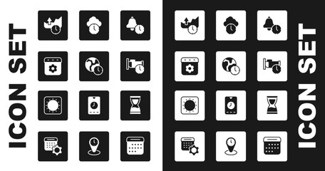 Set Alarm clock, World time, Calendar spring, Stocks market growth graphs, Time sleep, Clock, Old hourglass and Sun icon. Vector