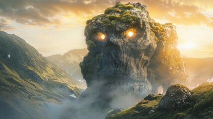 Mystical Sunrise: Stone Golem Overlooking Valley
