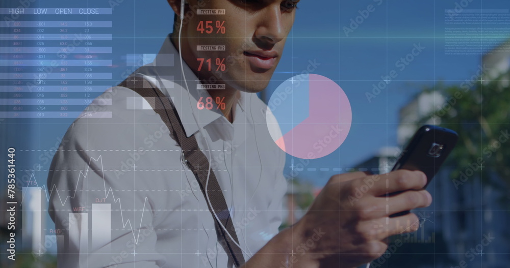 Poster image of graphs over midsection of biracial man using smartphone