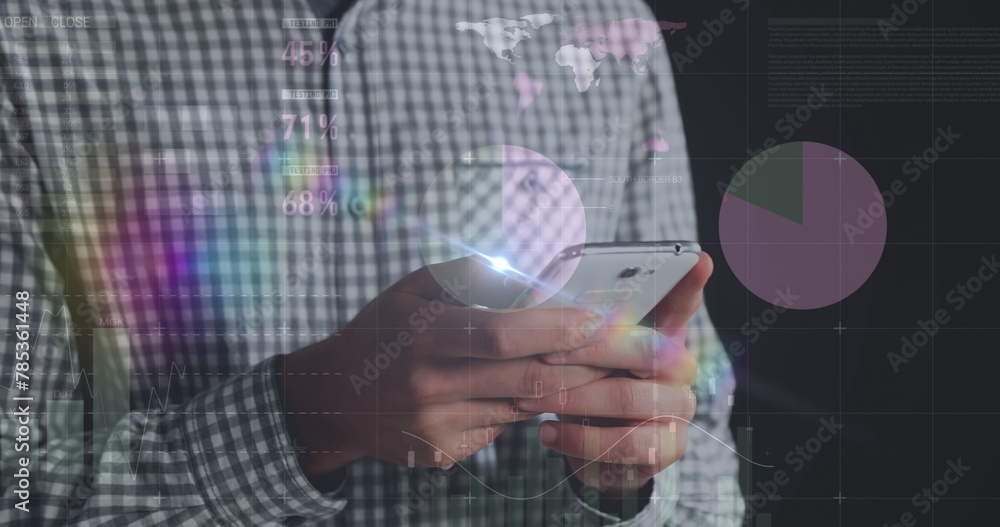 Poster image of graphs over midsection of caucasian man using smartphone