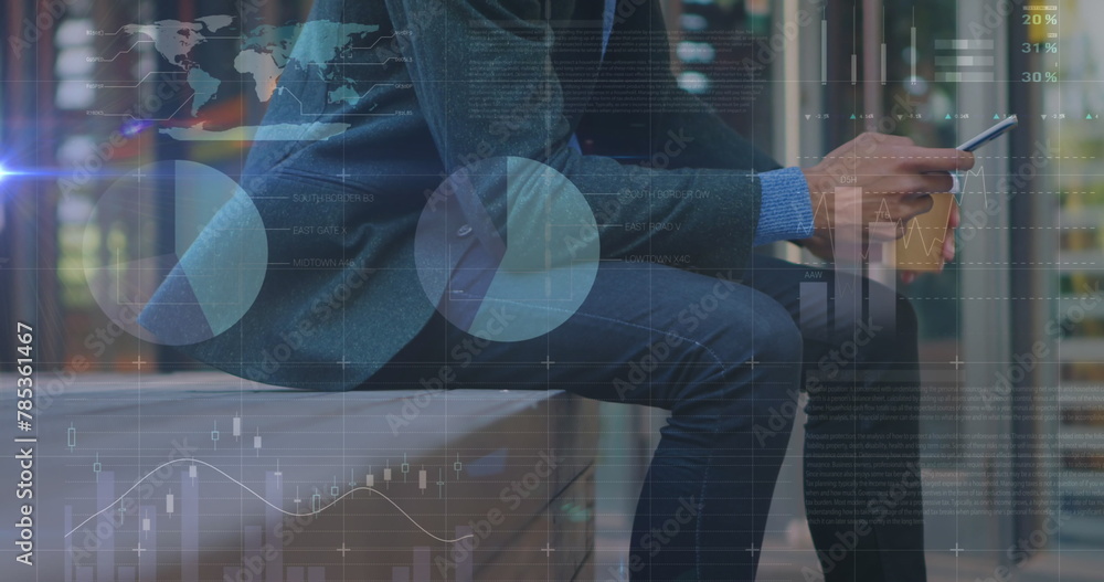 Poster image of graphs over midsection of caucasian businessman using smartphone