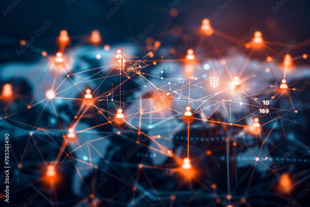 Poster human hand connecting dots in network, symbolizing interactivity and communication