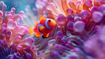 Underwater close-up of a colorful clownfish nestled among the tentacles of a sea anemone - obrazy, fototapety, plakaty