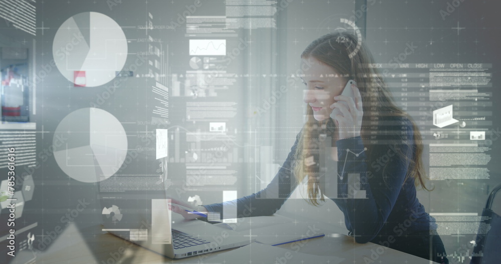 Poster image of scope scanning and data processing over businesswoman with hands