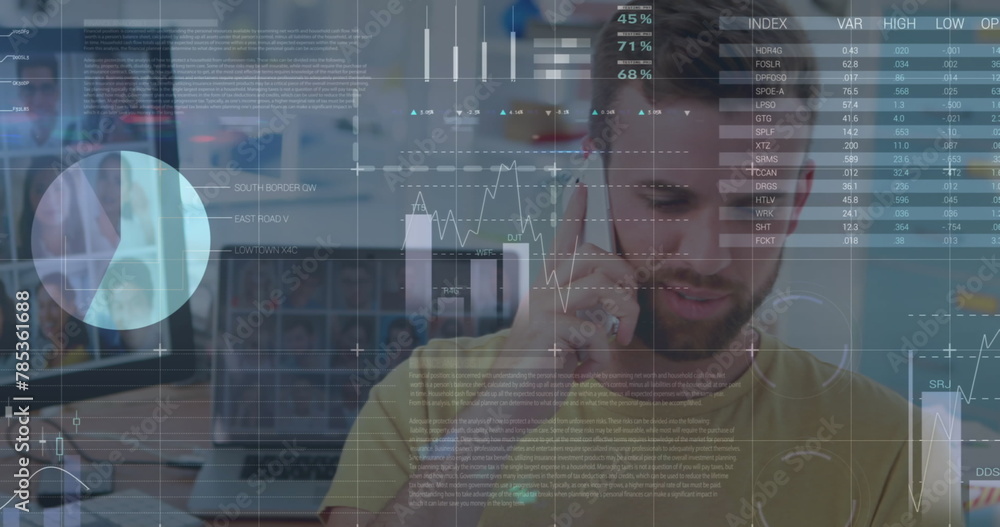 Poster image of statistical data processing over caucasian man talking on smartphone at office