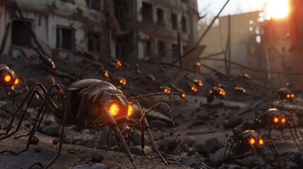 Creepy Mechanical Insect Swarm in Post-Apocalyptic Cityscape at Dusk