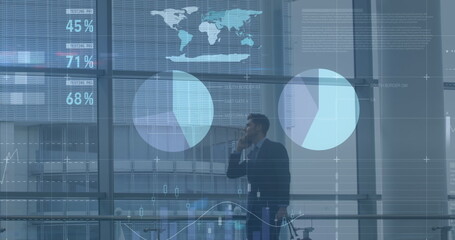 Image of financial data processing over caucasian businessmen